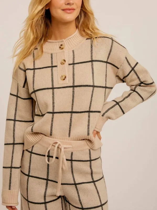 Grid Patterned Henley Crop Sweater In Beige