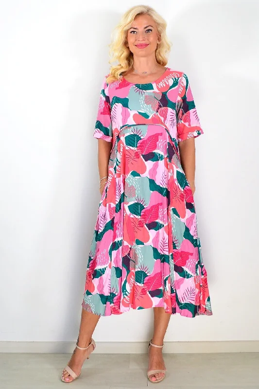 Aqua Pink Botanical Tunic Midi Dress