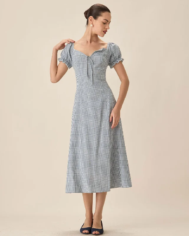 Blue Plaid Sweetheart Neck Midi Dress