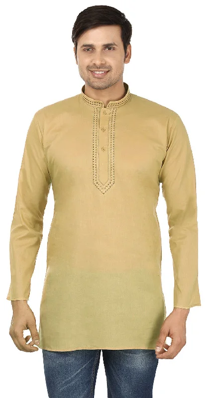 Men's Short Kurta Embroidered Cotton Shirt India Clothing (Buff)