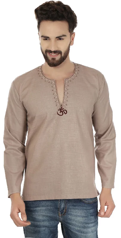 Men's Short Kurta OM Cotton Indian Traditional Clothes (Brown)