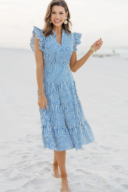 First In Line Blue Striped Midi Dress