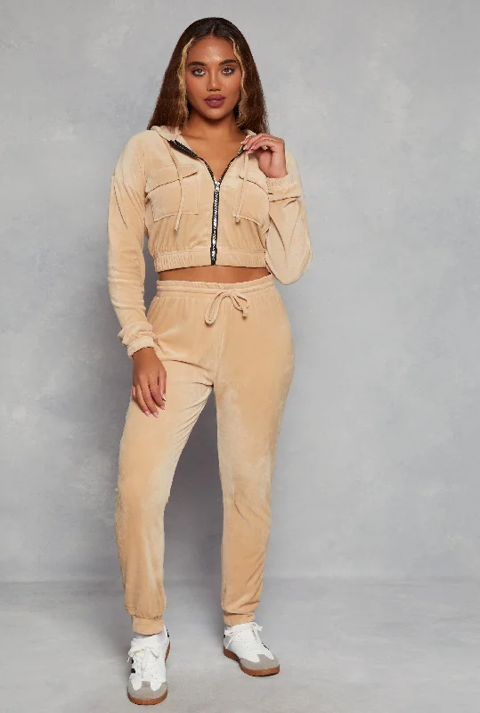 Solid Velour High Waist Drawstring Joggers