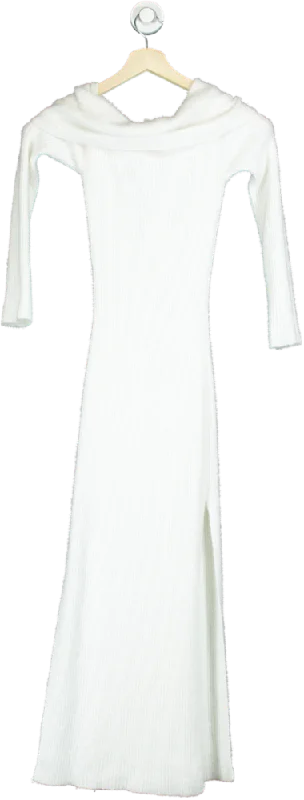 Misspap White Ribbed Knit Off-Shoulder Maxi Dress UK S