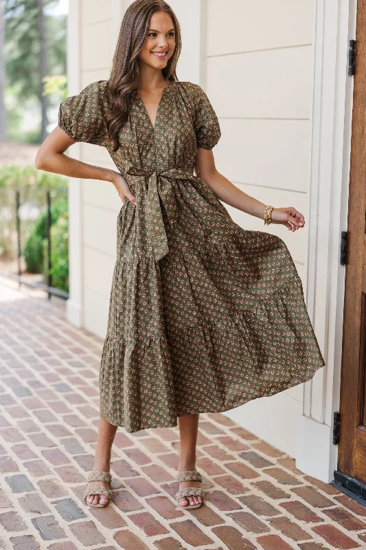 Pinch: Make Your Day Dark Olive Printed Midi Dress