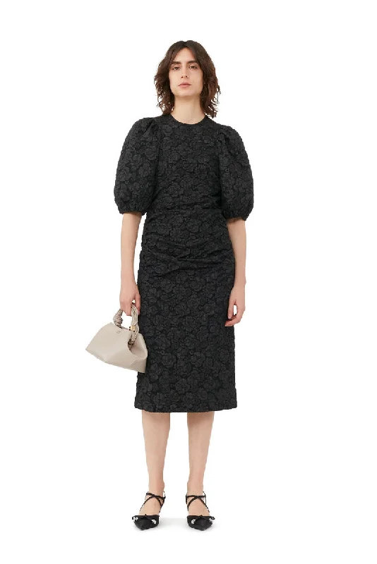 Puff Sleeve Midi Dress - Black Jacquard