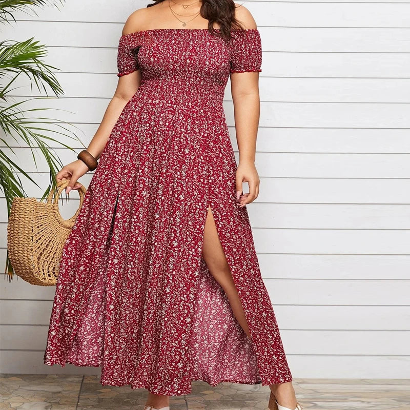 Women's Off Shoulder Split Boho Fashion Chiffon 4XL Long Dresses (Plus Size)